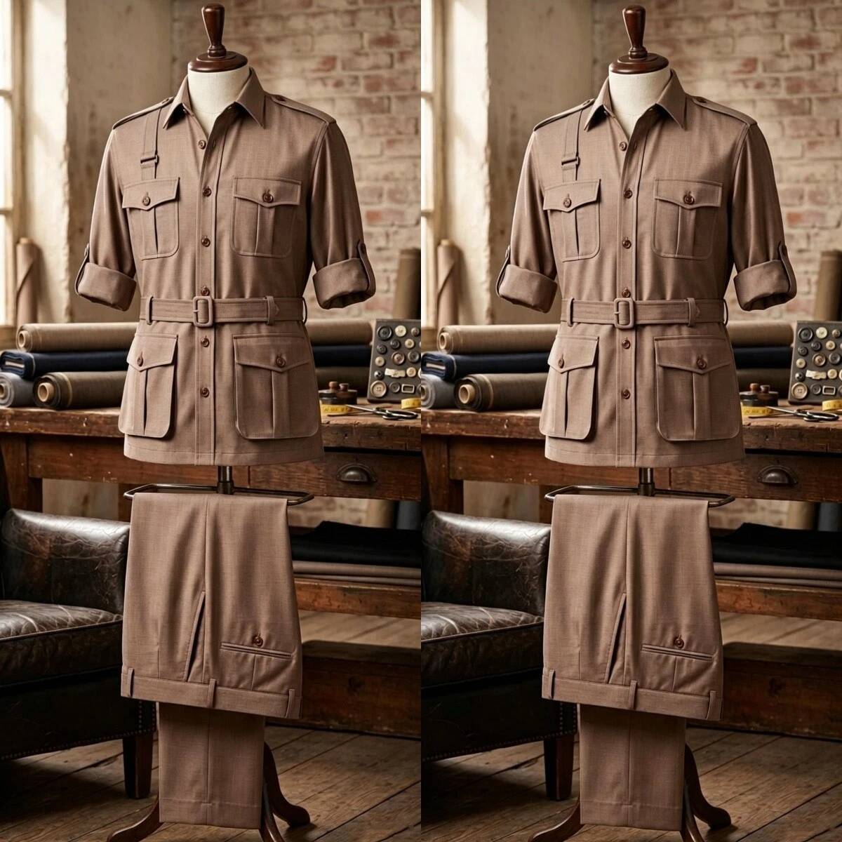 Safari Outdoor Hunting Jackets - Khaki 2-teiliger Herren Safari-Anzug Vintage Jagdjacke